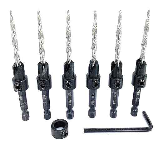 FTG USA 6 Pc #8 (11/64") Countersink Drill Bit Set with Depth Stop Collar, Hex Wrench - Tapered Drill Bits for Wood