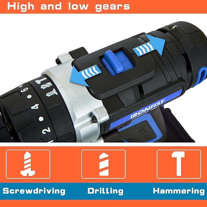 Cordless Drill, 2 Variable Speed Impact Driver 45Nm Torque, 3/8" Keyless Chuck Drill/Driver Sets, 2 Batteries and Charger