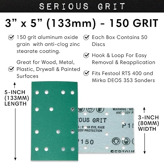 3" x 5" (80mm x 133mm) 14-Hole 150 Grit Sanding Sheets - Fits Festool RTS 400 & Mirka Deos 353 - Heavy-Duty Hook & Loop Film Abrasives - Sandpaper for Sheet Sanders - 50 Pack Box