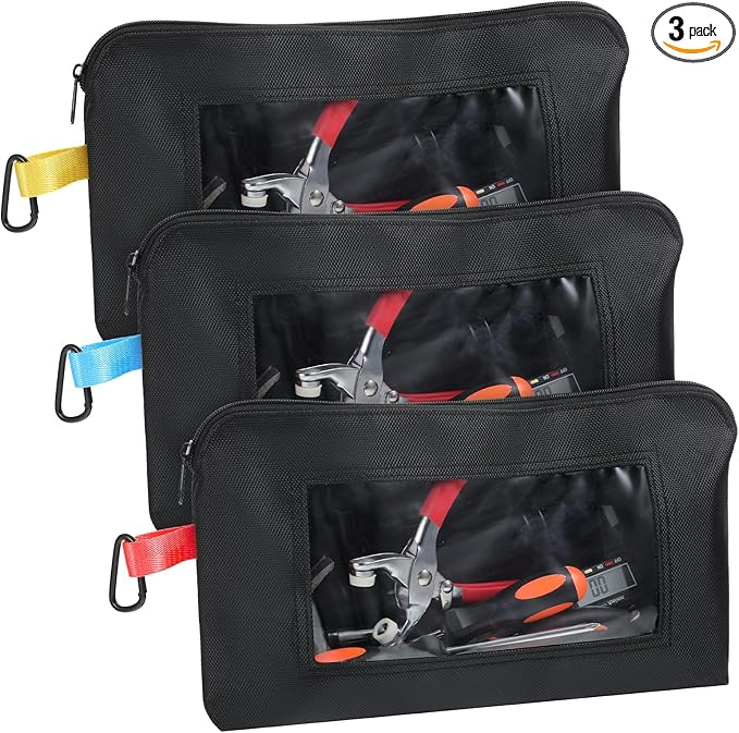 3 Pack Small Tool Organizer Bag, 1680D Oxford Tool Pouch with Zipper, Clear Window Tools Bag Organizer, Heavy Duty 13 x 7.5 x 2 in Tools Pouches for Electricians