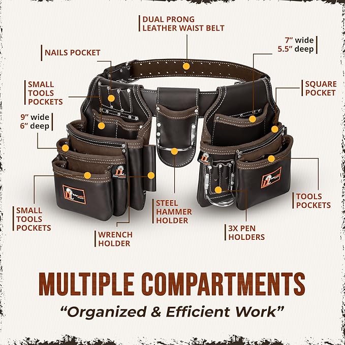 Daisy Leather Tool Belt Pro-202, 31 Pockets, Top Grain Leather, 2.5-inch Padded Belt, Fits 32-52 inch Waist, X-Large (Chocolate, X-Large)