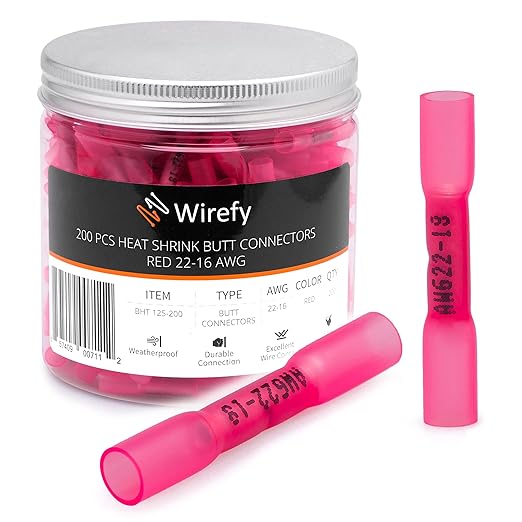 Wirefy 200 Wire Connectors - Wire Butt Connectors Heat Shrink - Heat Shrink Crimp Connector for Wiring - Electric Marine Grade Connector Waterproof Butt Splice Electrical Kit