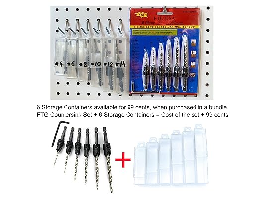 FTG USA Adjustable Wood Countersink Drill Bit Set 6 Sizes #4 to #14 Set with Tapered Drill Bits for Woodworking