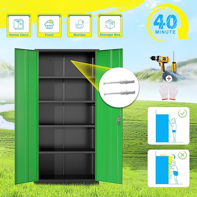 Pataku Metal Storage Cabinet, 71" Garage Cabinet with Doors and Shelves Lockable Steel Multifunctional Cabinets, File Cabinets for Home, Office, Warehouse(Dark Green)