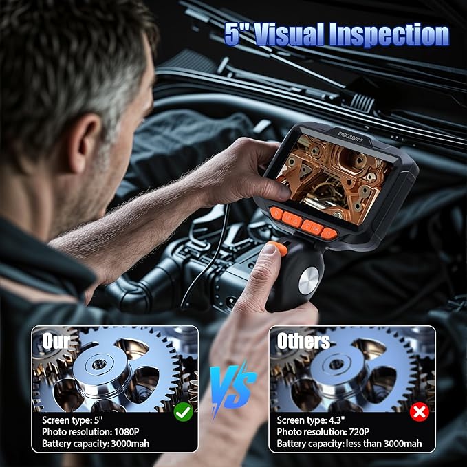 Upgraded Articulating Borescope with Light, 5'' 1080P HD Display Industrial Endoscope Inspection Camera, for Wall Automotive Engine Inspect, Snake Camera for Automotive HVAC and Industrial Mechanics