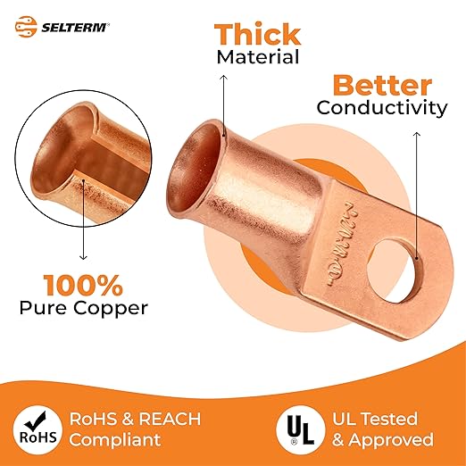 SELTERM 25pcs 2/0 AWG 3/8" Stud Battery Lugs, Ring Terminals, Heavy Duty Copper Wire Lugs, Battery Cable Ends, 00 Gaug Ring Terminal Connectors, UL Bare Copper Eyelets Electrical Battery Cable Lugs