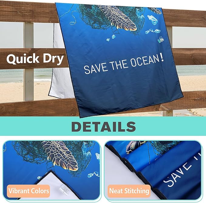 Protect Marine Life Beach Towel Oversized 36" x 72", Thin Lightweight Sand Free Quick Dry Microfiber Towel for Swimming Pool Cruise Camping Travel