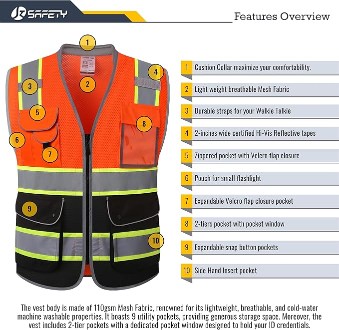 JKSafety 9 Pockets Hi-Vis Safety Vest High Visibility Reflecitive Mesh Safety Vests for Men and Women Cushioned Collar Work Utility PPE Work Gear ANSI/ISEA compliant Class 2 (101-OBlk M)