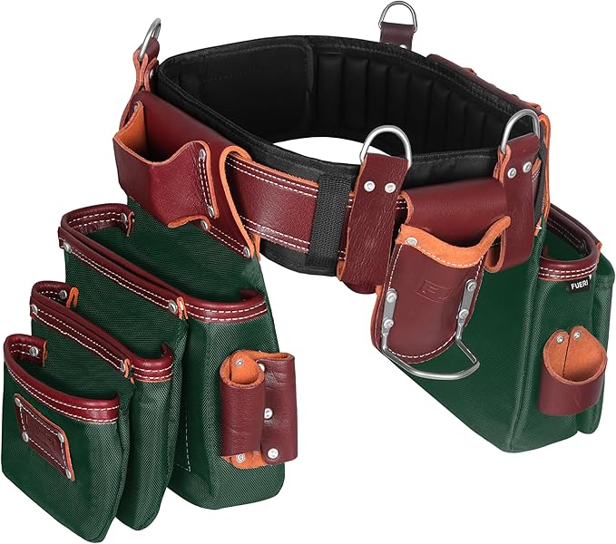 FUERI Tool Belt Men Heavy Duty 26 Pocket Tools Bags Pouches Holder Organizer for Carpenter Construction Electrician Framer Nylon Leather (Green & Maroon, Extra Large 42" - 48")