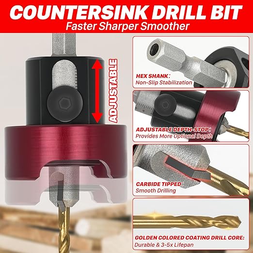 KEENTECH Carbide Tipped 82° Countersink Drill Bit with Depth Stop, 3/8" Dia x 1/8" Drill Diameter x 1/4" Shank, Adjustable Depth Stop with Ball Bearing for High Fine Finish on Softwood and Hardwood
