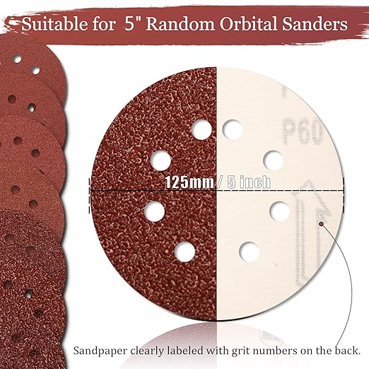 100 PCS 60 Grit 5 Inch Sanding Discs, Hook and Loop Sandpaper for Random Orbital Sander