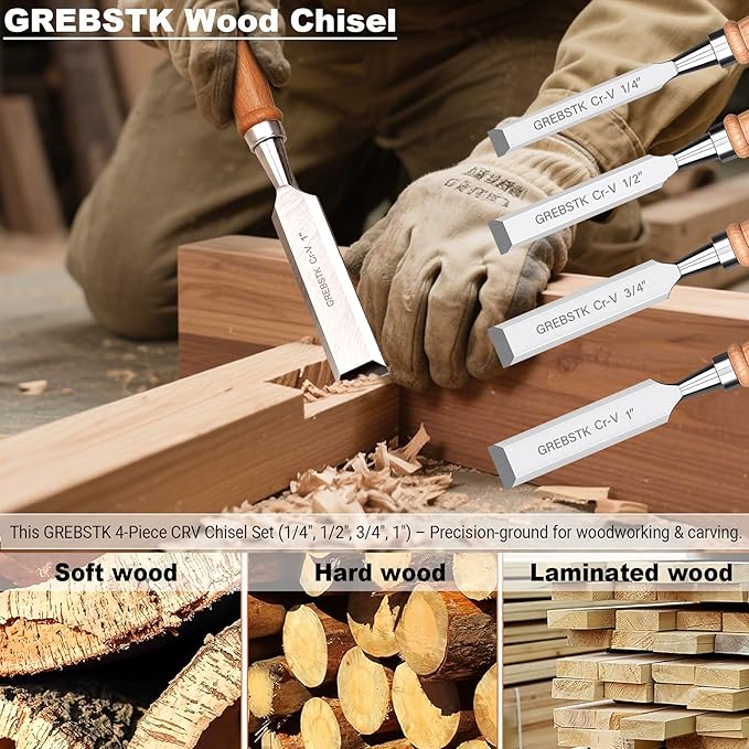 GREBSTK 4 Pcs Wood Chisel Set, CRV Steel Bevel Sharp Edge Bench Chisels with Safety Caps, Comfortful Beech Handle, for Woodworking and DIY Projects, 9.5"x(1/4", 1/2", 3/4", 1")