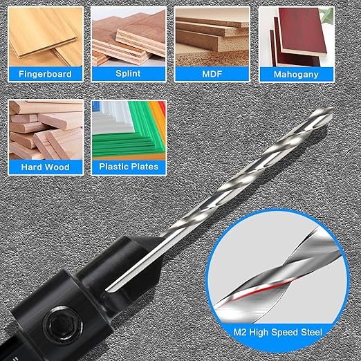 3-pc Countersink Drill Bit Set #10#12#16, 3in1 Woodworking Counterbore Hole Saw Drill Bits, Depth Adjustable M2 Pilot Drill Bits, 82-Degree Chamfer, 1/4” Hex Shank, with 1 Allen Wrench