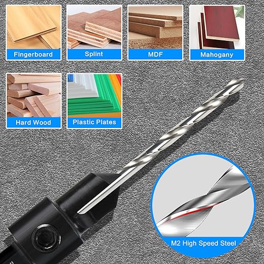 7 Pack Countersink Drill Bits Set, Wood Drill Countersink Counterbore 3in1, Three 82-Degree Chamfer Cutters, M2 Counterbore Cutting Depth Adjustable, with 2 Allen Wrenches and 1/4” Hex Shank