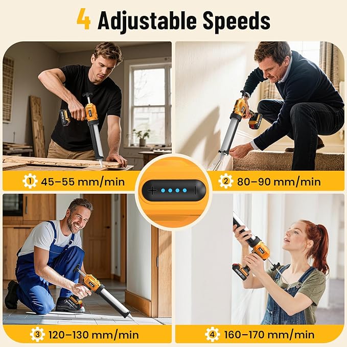 Electric Caulking Gun, Cordless Caulking Gun with 2x 2000mAh Batteries, 9Pcs Silicone Caulking Tools, 4 Adjustable Speeds, LED Light, 10OZ Battery Silicone Gun for Filling, Sealing (Yellow)