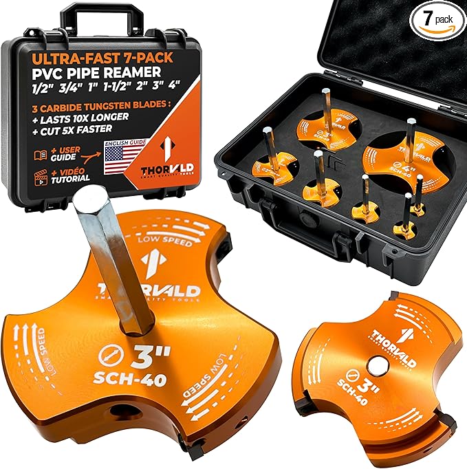 THORVALD PVC Pipe Reamer TriForce - 7 Sizes with Tungsten Carbide Blades - Video Tutorial + User Guide - 3 Blades PVC Fitting Saver for Plumbing - Tool Sizes: 1/2" ; 3/4″ ; 1″ ; 1-1/2″ ; 2″ ; 3″ ; 4″