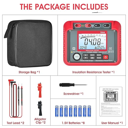 AIOMEST Megohmmeter 0.1MΩ-20GΩ Digital Insulation Resistance Tester with 50V/100V/250V/500V/1000V Output Voltage, Data Logging, 10V~600V AC/DC Voltmeter Megohm Meter w/Test Lead & Zipper Bag