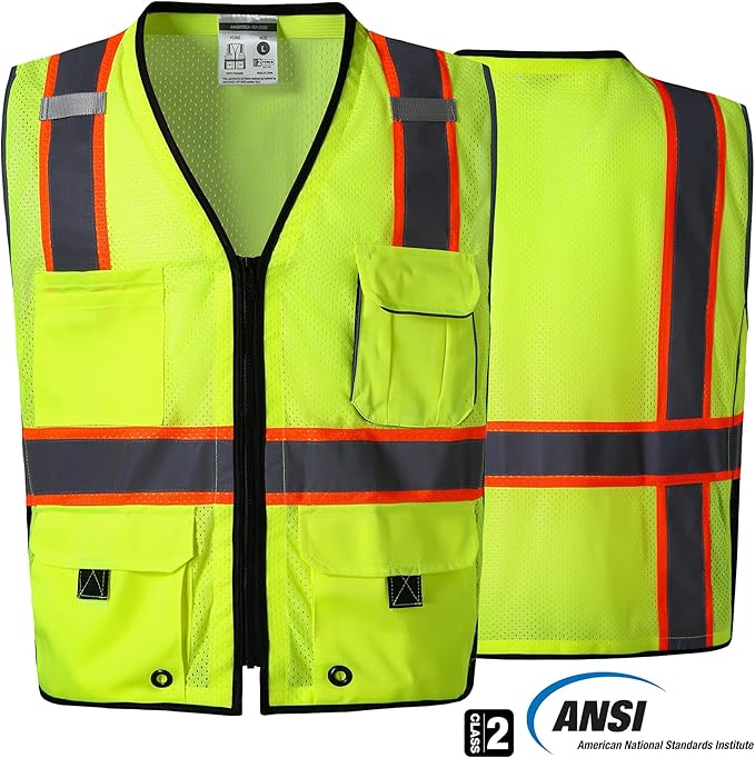 SKSAFETY 10 Pockets Professional Safety Vest, Class 2 High Visibility, ANSI/ISEA Standard, Construction Work Vest (Lime, 3XL)