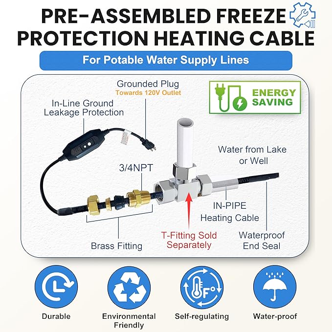 MAXKOSKO Self Regulating Heating Cable, CSA Certified Water Pipes from Inside the Pipe, Freeze Protection for Water Supply Pipes, Suitable for Jet Pump and Submersible Pump Applications, 65Ft 120V