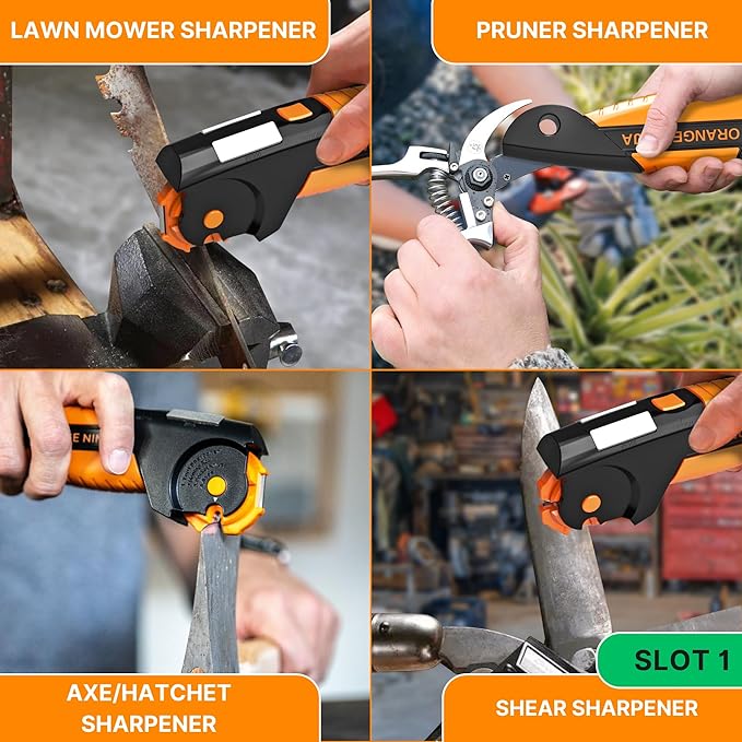 Orange Ninja 7-in-1 Garden Tool & Knife Sharpener – Sharpens Lawn Mower Blades, Axe, Hatchet, Machete, Pruner & Hedge Shears – Repairs & Hones Edges by Sharp Pebble