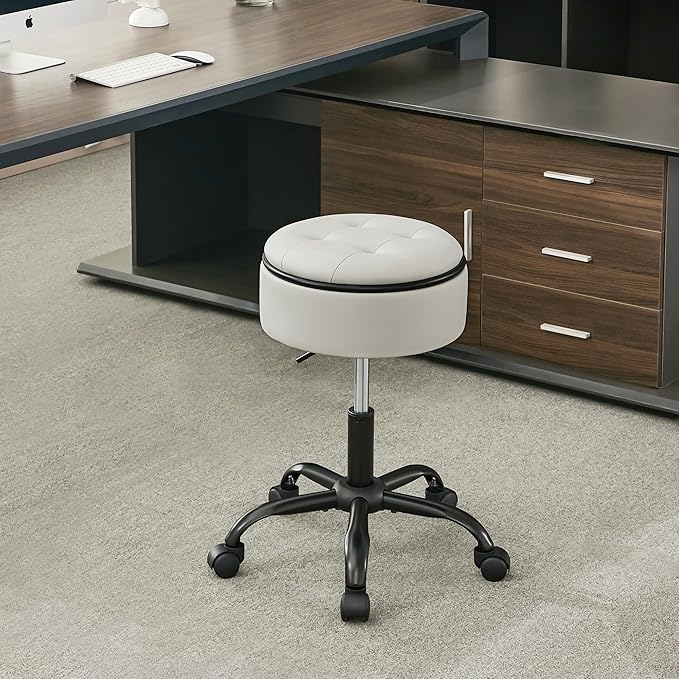 Vnity Stool with Wheels (Chair & Small Table in One) (Adjustable Tattoo Chair 20.67"-24.61"), Gray Stool for Desk with Storage