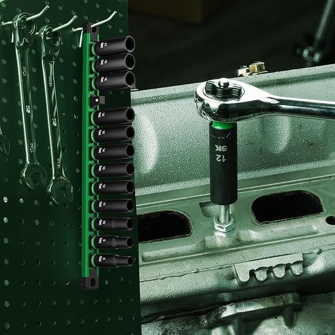 SK 3/8" Drive Impact Socket Set, Deep Metric Sockets, 13-Piece 8 to 21mm, Premium CR-MO Steel, SureGrip 6 Point Design, with Aluminum Socket Organizer