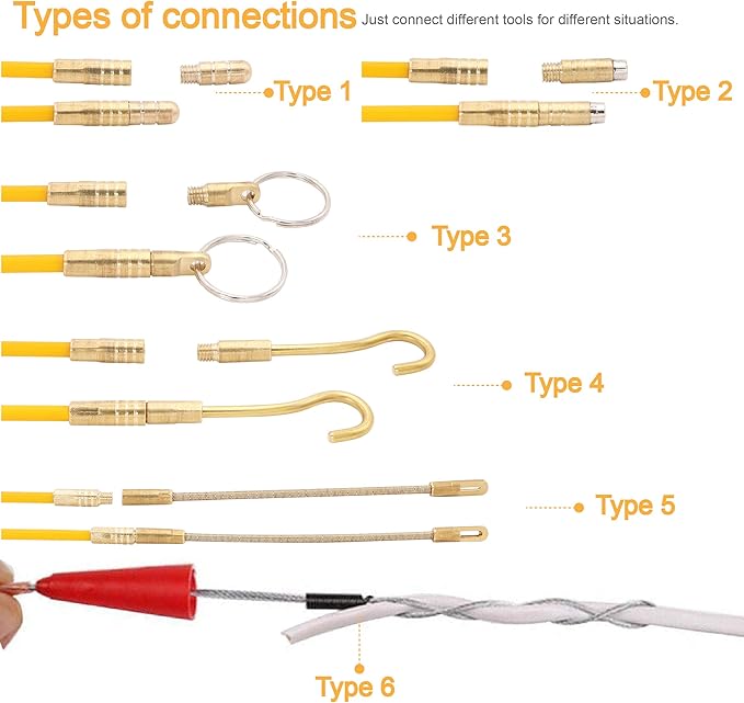 Jeemiter 24 FT Fiberglass Running Electrical Wire Cable Glow Rods Wire Pulling, Fish Rods Electrical Kit with 6 Different Attachments and Fish Tape Wire Puller Kit
