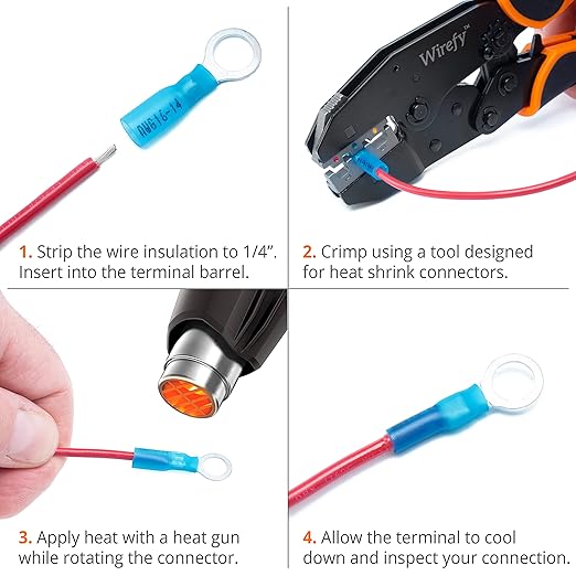 Wirefy 130 PCS Heat Shrink Ring Terminals #8 - a Resistant Ring Connectors - Eyelet Wire Connectors - Blue 16-14 AWG