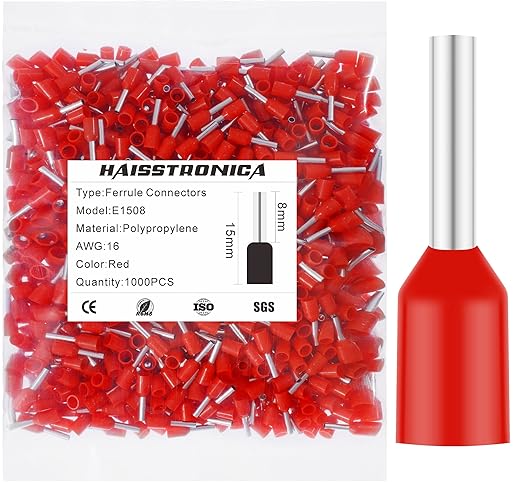 haisstronica 1000PCS Wire Ferrules Connectors,Red AWG16 Wire End Ferrule Terminals,Crimp Pin Cord End Terminals