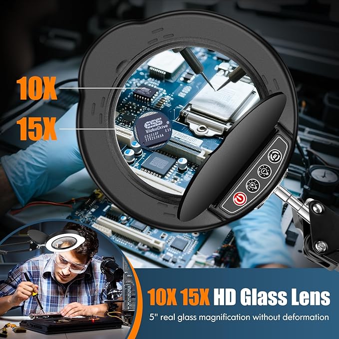 15X 10X Magnifying Glass with Light and Clamp, 5-inch Lighted Magnifier with Dust Cover, 84 LED 5 Color Modes Stepless Dimmable Hands-Free Magnifying Glass Desk Lamp for Reading Craft Hobby Close Work