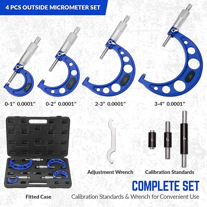 Premium Outside Micrometer Set 0-4" / 0.0001" (0-1"/1-2"/2-3"/3-4") Precision Machinist Tools w/Carbide Tips, Standards, Ratchet Stop, Blue