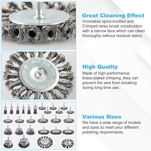 Rocaris 28 Pack Wire Wheel Brush, Carbon Steel & Twist Knot Cup Brush, Wheel Brush, Pen Brush Set with 1/4-Inch Round Shank for Rust Removal, Corrosion and Scrub Surfaces, Grey