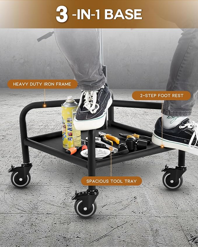Shop Stool with Lockable Rubber Wheels Adjustable Backrest Tool Tray Storage 400 lb Capacity Rolling Garage Stool (Grey)
