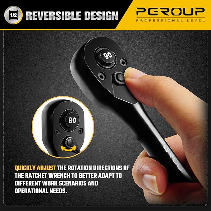 1/2-Inch Drive Ratchet Wrench, 90 Tooth Reversible Ratchet, 4-Degree Swing, Ergonomic Handle, Chrome Alloy Made, Quick Release Ratchet Wrench for Repairing, Home
