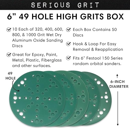 6-Inch 49-Hole High Grit Sanding Discs Assortment - 320, 400, 600, 800, 1000 Grit (10 of Each) - Wet Dry Hook & Loop Film Discs - Sandpaper for Random Orbital Sanders - 50 Pack Box