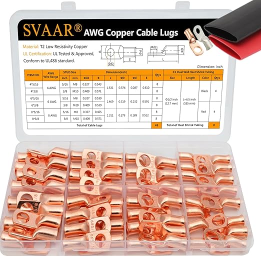 SVAAR 4 6 8 AWG Battery Lug Heavy Duty Battery Cable Ends, 4 6 8 Gauge UL Listed Cable Lug with 5/16" and 3/8" Ring Terminal,Bare Copper Crimp Connectors Wire Lug + Heat Shrink Tube