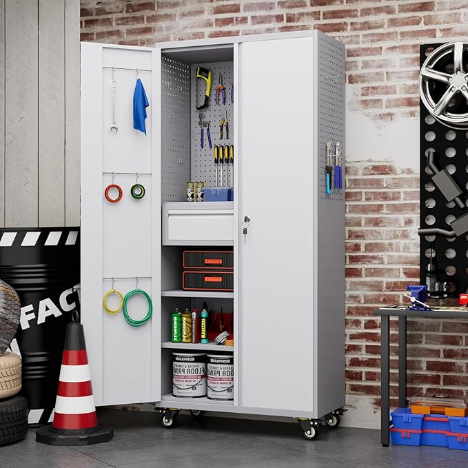 Garage Storage Cabinet with Locking Doors and 2 Adjustable Shelves, 71" H Metal Rolling Tool Storage Cabinet with Wheels, Drawer, Pegboard and 16 Hooks for Garage, Warehouse, White and Gray