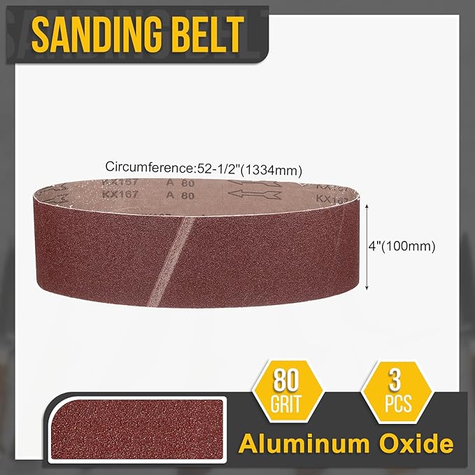 4 x 52 1/2 Inch Sanding Belt, 3 Pcs 80 Grit Aluminum Oxide Knife Sharpener Belts Work Sharpening for Belt Sander Knife Carving Tool Metal Working