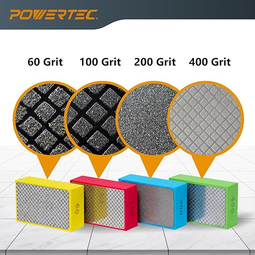 POWERTEC Diamond Hand Polishing Pads 60 Grits 2Pack, Diamond Sanding Block for Polishing and Grinding Porcelain, Ceramic Tile, Glass, Granite, Stone, Wood & Metal (71904-P2)