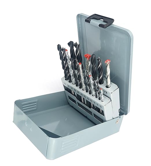 DRILLFORCE 18pc Combination Drill Set - HSS, Brad Point Wood, Masonry Drill Bits