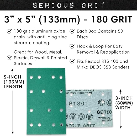 3" x 5" (80mm x 133mm) 14-Hole 180 Grit Sanding Sheets - Fits Festool RTS 400 & Mirka Deos 353 - Heavy-Duty Hook & Loop Film Abrasives - Sandpaper for Sheet Sanders - 50 Pack Box