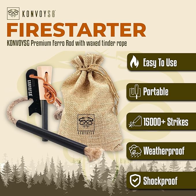 Fire Starter Survival Tool–Ferro Rod Fire Starter with 11" Waterproof Tinder Wick Rope, Multi-Tool Striker and Extra Jute Bag - All-in-One Flint and Steel Fire Starter Kit.