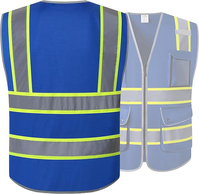 JKSafety 9 Pockets Hi-Vis Safety Vest High Visibility Reflecitive Safety Vests for Men and Women Work Utility PPE Work Gear ANSI/ISEA compliant (902-Blue 4XL)
