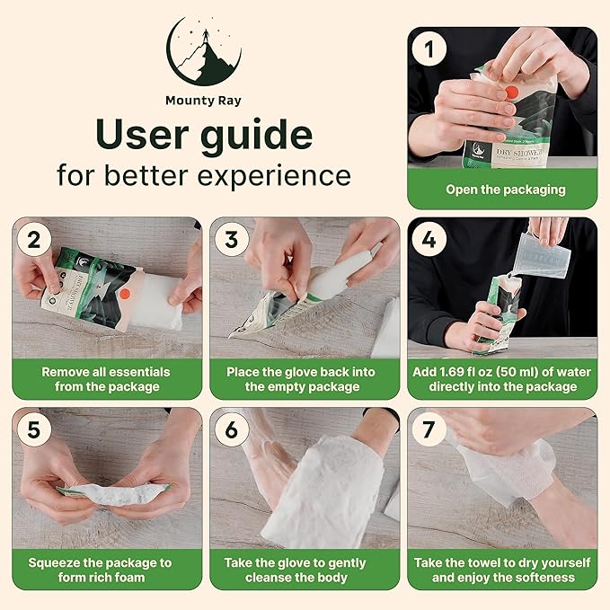 Personal Rinse Free Bath Sponge Kits (Pre-Soaked Shower Glove & 2 XL Towels) -3-Pack - Body Wash for Camping - Rinse-Free Bath Sponges - Water is Not Included