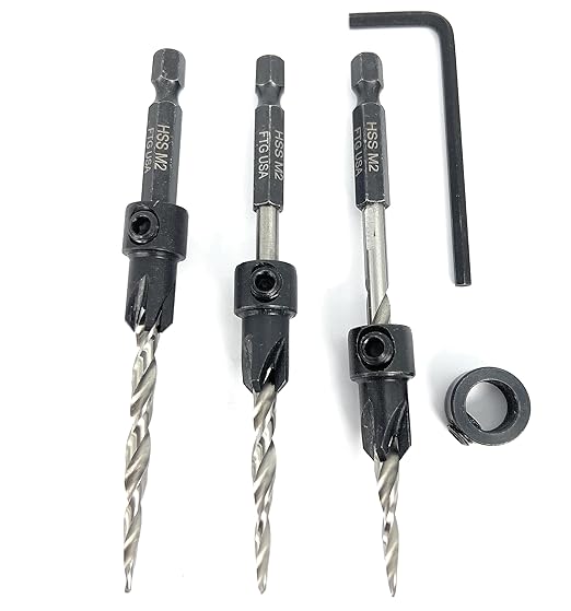 FTG USA Countersink Drill Bit Set for Wood with Tapered Drill Bit 3 Pc #10 (3/16")