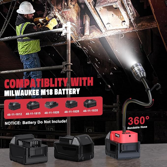 LIVOWALNY 2000LM LED Work Light Compatible with Milwaukee 18V Battery, 20W Flood Light, 12" Flexible Gooseneck, Flashlight Lights with USB-A & Type-C Charging Port, Low Voltage Protection (No Battery)