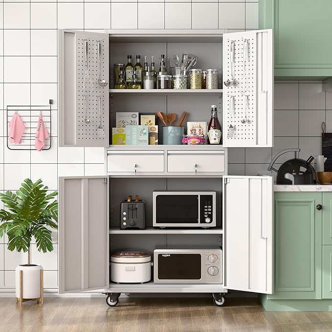 Garage Storage Cabinet with Wheels, Metal Storage Cabinet with 2 Drawers and 2 Adjustable Shelves, Metal Lockers with Pegboards for Homes, Offices, Kitchens, and Pantries, Gray and White