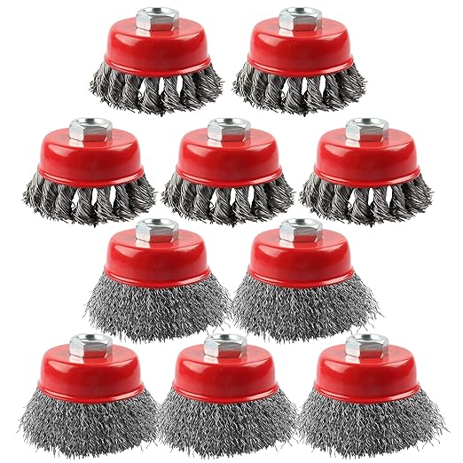 Rocaris 10 Pack Wire Cup Brush for Grinders, Wire Wheels for 4 1/2 Angle Grinder, 3 Twisted Knotted & Coarse Crimped Cup Brush