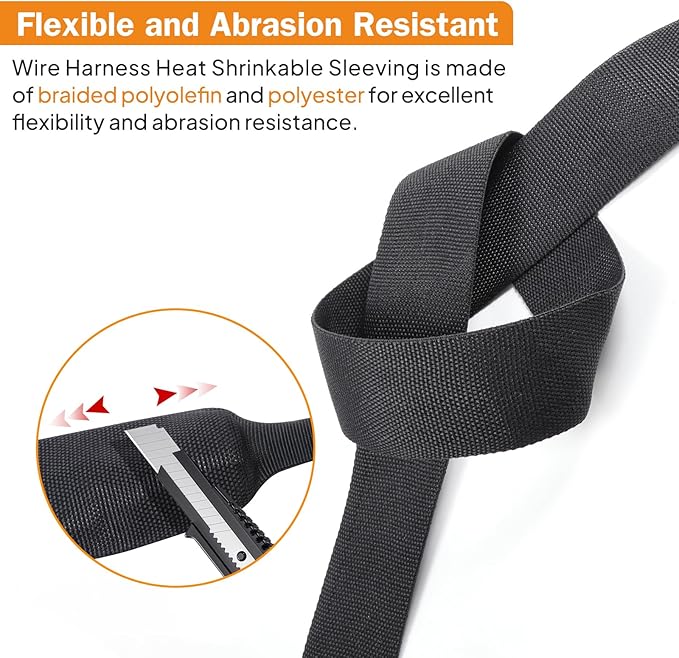 2:1 Ratio Flat Heat Shrinkable Braided Sleeving,Electrical Insulating Tubing,Durable Automotive Fabric Harness Shrinking Sheath (1-3/8"-20ft)