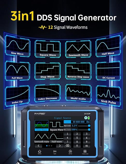 FNIRSI 2C53P Handheld Tablet Oscilloscope Multimeter DDS Signal Generator 3 in 1, 2CH Automotive Oscilloscope Multimeters with 50Mhz Bandwidth, 19999 Counts, 250MS/s Sampling, 4.3 inch Touch Screen
